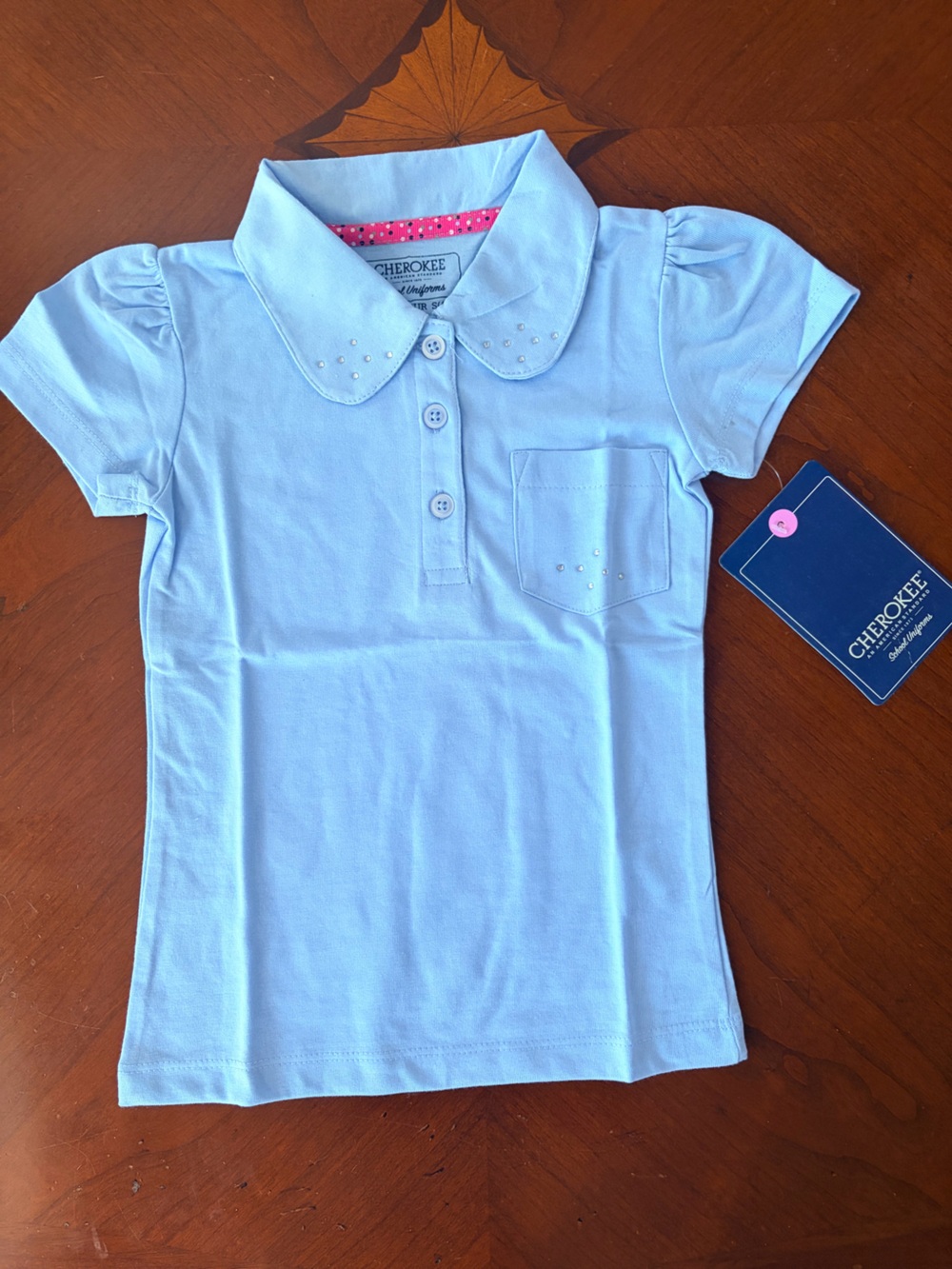 Cherokee Light Blue Girls Polo Top with Rhinestone Trim